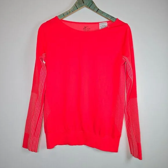 Nike Dri-fit Neon Orange Long Sleeve Knit Top Sz M - Picture 2 of 8